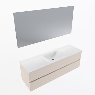 MONDIAZ VICA 150cm badmeubel onderkast Linen 2 lades. Wastafel CLOUD midden 1 kraangat, kleur Talc met spiegel LED.