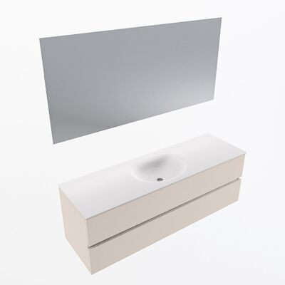 MONDIAZ VICA 150cm badmeubel onderkast Linen 2 lades. Wastafel Moon midden zonder kraangat, kleur Talc met spiegel LED.