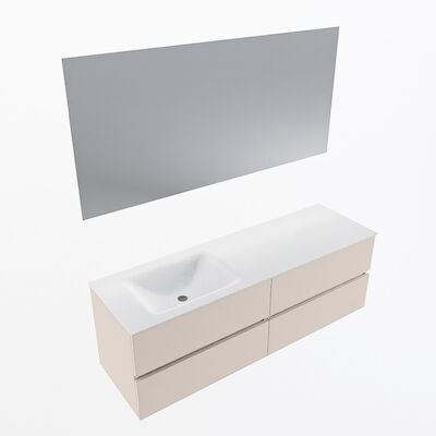 MONDIAZ VICA 150cm badmeubel onderkast Linen 4 lades. Wastafel CLOUD links zonder kraangat, kleur Talc met spiegel LED.