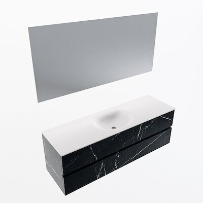 MONDIAZ VICA 150cm badmeubel onderkast Marquina 2 lades. Wastafel Moon midden 1 kraangat, kleur Talc met spiegel LED.