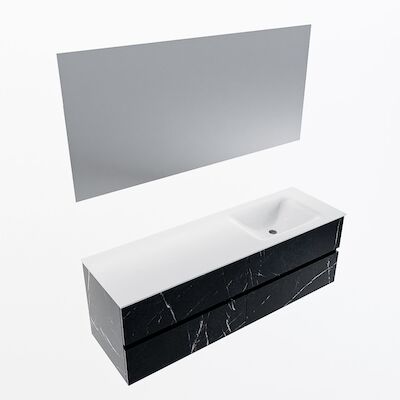 MONDIAZ VICA 150cm badmeubel onderkast Marquina 4 lades. Wastafel CLOUD rechts zonder kraangat, kleur Talc met spiegel LED.