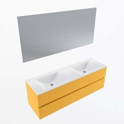 MONDIAZ VICA 150cm badmeubel onderkast Ocher 2 lades. Wastafel CLOUD dubbel 2 kraangaten, kleur Talc met spiegel LED.