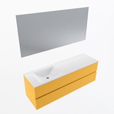 MONDIAZ VICA 150cm badmeubel onderkast Ocher 2 lades. Wastafel CLOUD links zonder kraangat, kleur Talc met spiegel LED.