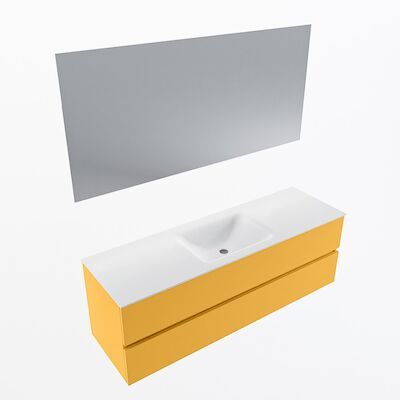 MONDIAZ VICA 150cm badmeubel onderkast Ocher 2 lades. Wastafel CLOUD midden 1 kraangat, kleur Talc met spiegel LED.