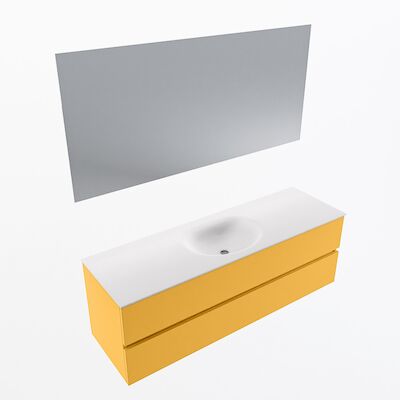 MONDIAZ VICA 150cm badmeubel onderkast Ocher 2 lades. Wastafel Moon midden 1 kraangat, kleur Talc met spiegel LED.