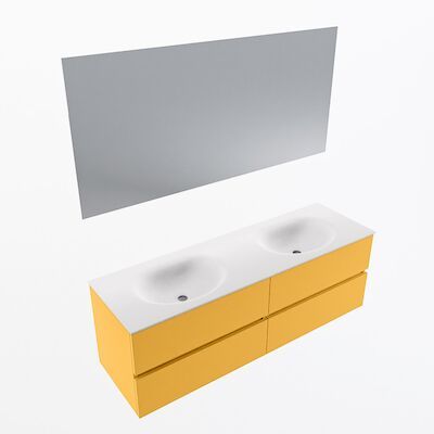 MONDIAZ VICA 150cm badmeubel onderkast Ocher 4 lades. Wastafel Moon dubbel zonder kraangat, kleur Talc met spiegel LED.