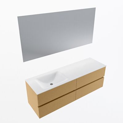 MONDIAZ VICA 150cm badmeubel onderkast Oro 4 lades. Wastafel CLOUD links zonder kraangat, kleur Talc met spiegel LED.