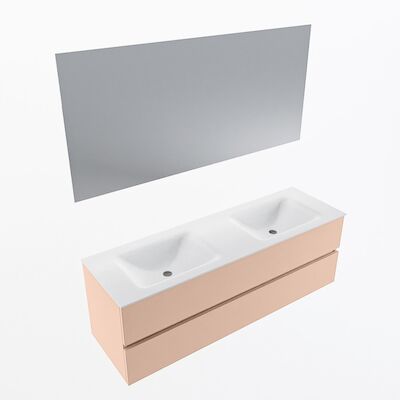 MONDIAZ VICA 150cm badmeubel onderkast Rosee 2 lades. Wastafel CLOUD dubbel 2 kraangaten, kleur Talc met spiegel LED.