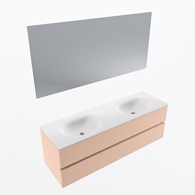 MONDIAZ VICA 150cm badmeubel onderkast Rosee 2 lades. Wastafel Moon dubbel zonder kraangat, kleur Talc met spiegel LED.