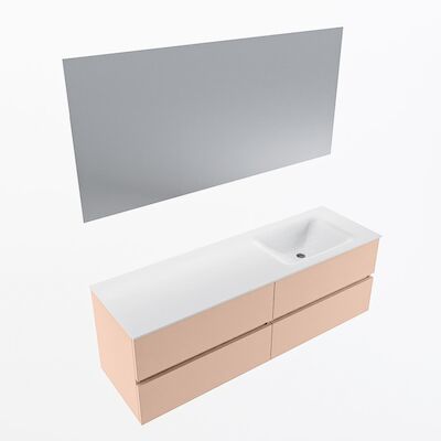 MONDIAZ VICA 150cm badmeubel onderkast Rosee 4 lades. Wastafel CLOUD rechts zonder kraangat, kleur Talc met spiegel LED.