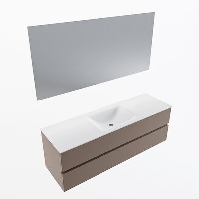 MONDIAZ VICA 150cm badmeubel onderkast Smoke 2 lades. Wastafel CLOUD midden zonder kraangat, kleur Talc met spiegel LED.