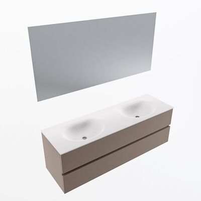 MONDIAZ VICA 150cm badmeubel onderkast Smoke 2 lades. Wastafel Moon dubbel zonder kraangat, kleur Talc met spiegel LED.