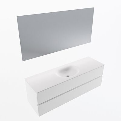 MONDIAZ VICA 150cm badmeubel onderkast Talc 2 lades. Wastafel Moon midden 1 kraangat, kleur Talc met spiegel LED.