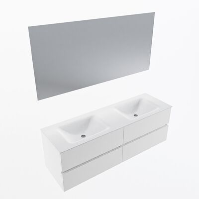 MONDIAZ VICA 150cm badmeubel onderkast Talc 4 lades. Wastafel CLOUD dubbel zonder kraangat, kleur Talc met spiegel LED.