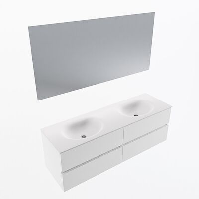 MONDIAZ VICA 150cm badmeubel onderkast Talc 4 lades. Wastafel Moon dubbel 2 kraangaten, kleur Talc met spiegel LED.