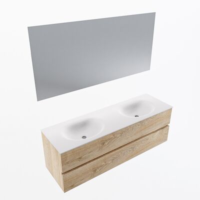 MONDIAZ VICA 150cm badmeubel onderkast Washed Oak 2 lades. Wastafel Moon dubbel zonder kraangat, kleur Talc met spiegel LED.