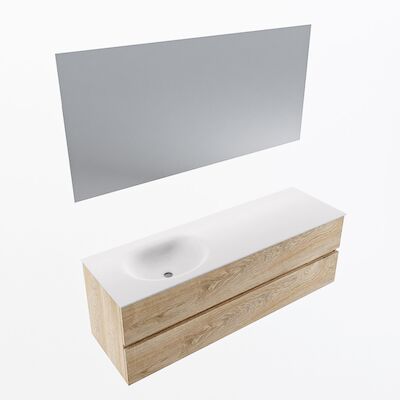 MONDIAZ VICA 150cm badmeubel onderkast Washed Oak 2 lades. Wastafel Moon links 1 kraangat, kleur Talc met spiegel LED.