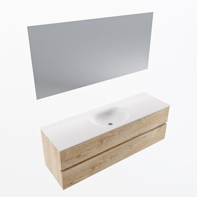 MONDIAZ VICA 150cm badmeubel onderkast Washed Oak 2 lades. Wastafel Moon midden 1 kraangat, kleur Talc met spiegel LED.