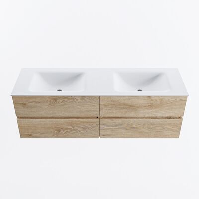 MONDIAZ VICA 150cm badmeubel onderkast Washed Oak 4 lades. Wastafel CLOUD dubbel 2 kraangaten, kleur Talc.