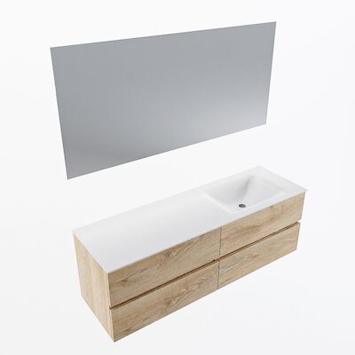 MONDIAZ VICA 150cm badmeubel onderkast Washed Oak 4 lades. Wastafel CLOUD rechts 1 kraangat, kleur Talc met spiegel LED.