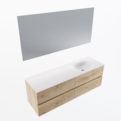 MONDIAZ VICA 150cm badmeubel onderkast Washed Oak 4 lades. Wastafel Moon rechts 1 kraangat, kleur Talc met spiegel LED.