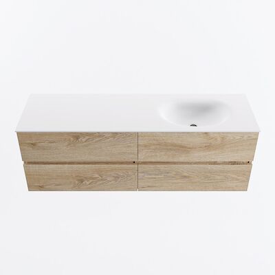 MONDIAZ VICA 150cm badmeubel onderkast Washed Oak 4 lades. Wastafel MOON rechts zonder kraangat, kleur Talc.
