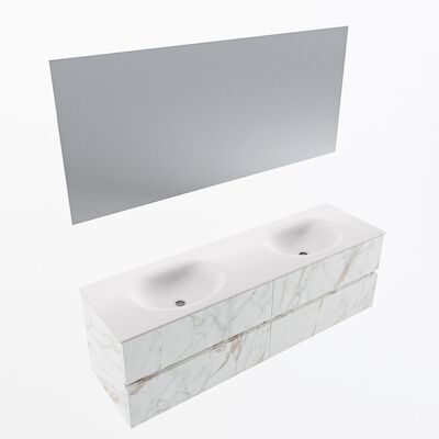 MONDIAZ VICA 160cm badmeubel onderkast Carrara 4 lades. Wastafel Moon dubbel 2 kraangaten, kleur Talc met spiegel LED.