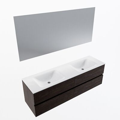 MONDIAZ VICA 160cm badmeubel onderkast Dark Brown 4 lades. Wastafel CLOUD dubbel 2 kraangaten, kleur Talc met spiegel LED.