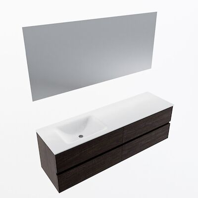 MONDIAZ VICA 160cm badmeubel onderkast Dark Brown 4 lades. Wastafel CLOUD links 1 kraangat, kleur Talc met spiegel LED.
