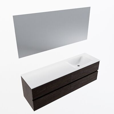 MONDIAZ VICA 160cm badmeubel onderkast Dark Brown 4 lades. Wastafel CLOUD rechts zonder kraangat, kleur Talc met spiegel LED.