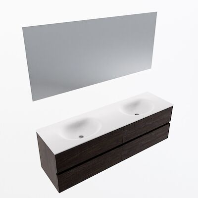 MONDIAZ VICA 160cm badmeubel onderkast Dark Brown 4 lades. Wastafel Moon dubbel 2 kraangaten, kleur Talc met spiegel LED.