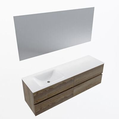 MONDIAZ VICA 160cm badmeubel onderkast Dark Brown Grey 4 lades. Wastafel CLOUD links zonder kraangat, kleur Talc met spiegel LED.