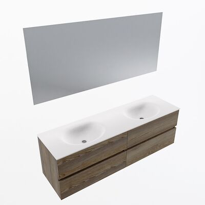 MONDIAZ VICA 160cm badmeubel onderkast Dark Brown Grey 4 lades. Wastafel Moon dubbel zonder kraangat, kleur Talc met spiegel LED.