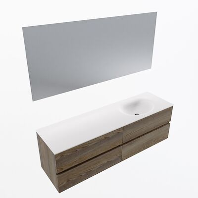 MONDIAZ VICA 160cm badmeubel onderkast Dark Brown Grey 4 lades. Wastafel Moon rechts 1 kraangat, kleur Talc met spiegel LED.