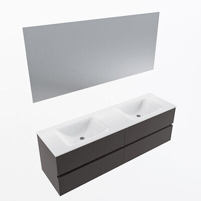MONDIAZ VICA 160cm badmeubel onderkast Dark Grey 4 lades. Wastafel CLOUD dubbel 2 kraangaten, kleur Talc met spiegel LED.