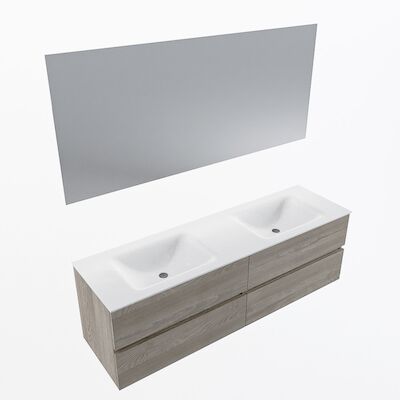 MONDIAZ VICA 160cm badmeubel onderkast Light Brown Grey 4 lades. Wastafel CLOUD dubbel zonder kraangat, kleur Talc met spiegel LED.
