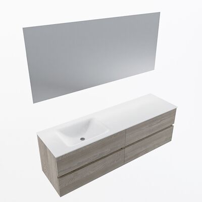 MONDIAZ VICA 160cm badmeubel onderkast Light Brown Grey 4 lades. Wastafel CLOUD links zonder kraangat, kleur Talc met spiegel LED.