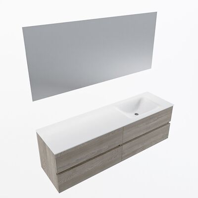 MONDIAZ VICA 160cm badmeubel onderkast Light Brown Grey 4 lades. Wastafel CLOUD rechts zonder kraangat, kleur Talc met spiegel LED.