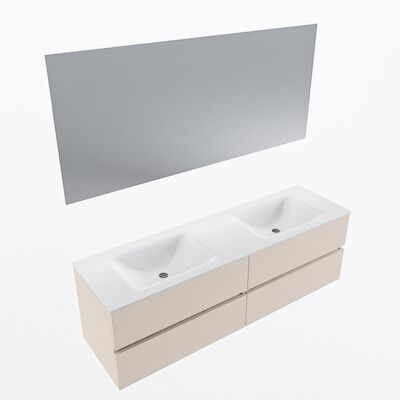 MONDIAZ VICA 160cm badmeubel onderkast Linen 4 lades. Wastafel CLOUD dubbel 2 kraangaten, kleur Talc met spiegel LED.