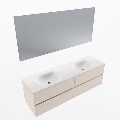 MONDIAZ VICA 160cm badmeubel onderkast Linen 4 lades. Wastafel Moon dubbel 2 kraangaten, kleur Talc met spiegel LED.