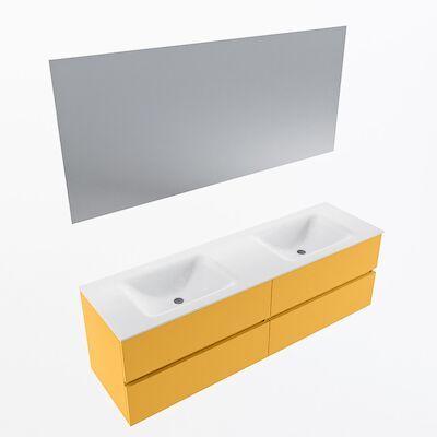MONDIAZ VICA 160cm badmeubel onderkast Ocher 4 lades. Wastafel CLOUD dubbel zonder kraangat, kleur Talc met spiegel LED.