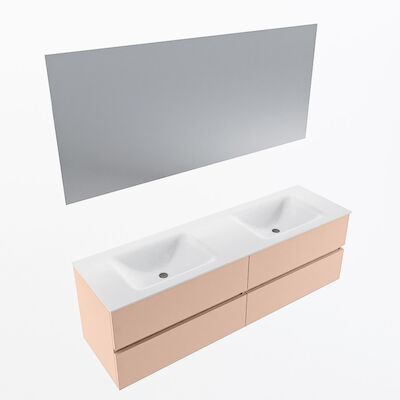 MONDIAZ VICA 160cm badmeubel onderkast Rosee 4 lades. Wastafel CLOUD dubbel zonder kraangat, kleur Talc met spiegel LED.