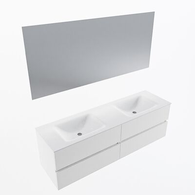MONDIAZ VICA 160cm badmeubel onderkast Talc 4 lades. Wastafel CLOUD dubbel 2 kraangaten, kleur Talc met spiegel LED.