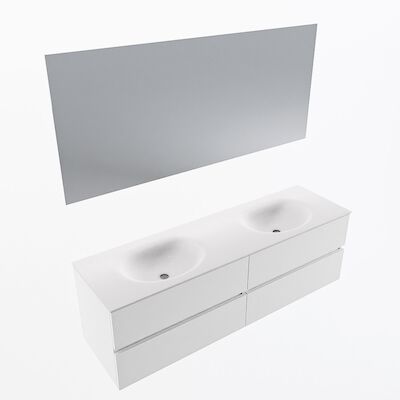 MONDIAZ VICA 160cm badmeubel onderkast Talc 4 lades. Wastafel Moon dubbel zonder kraangat, kleur Talc met spiegel LED.