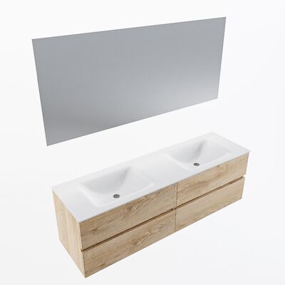MONDIAZ VICA 160cm badmeubel onderkast Washed Oak 4 lades. Wastafel CLOUD dubbel zonder kraangat, kleur Talc met spiegel LED.