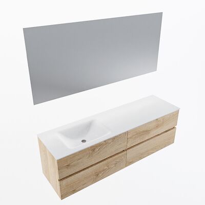 MONDIAZ VICA 160cm badmeubel onderkast Washed Oak 4 lades. Wastafel CLOUD links zonder kraangat, kleur Talc met spiegel LED.