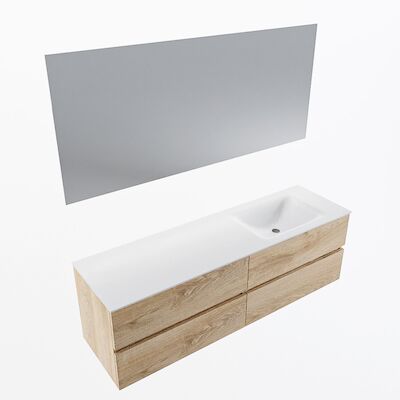 MONDIAZ VICA 160cm badmeubel onderkast Washed Oak 4 lades. Wastafel CLOUD rechts zonder kraangat, kleur Talc met spiegel LED.