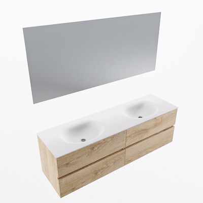 MONDIAZ VICA 160cm badmeubel onderkast Washed Oak 4 lades. Wastafel Moon dubbel 2 kraangaten, kleur Talc met spiegel LED.