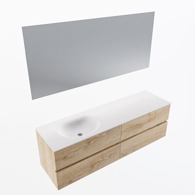 MONDIAZ VICA 160cm badmeubel onderkast Washed Oak 4 lades. Wastafel Moon links zonder kraangat, kleur Talc met spiegel LED.