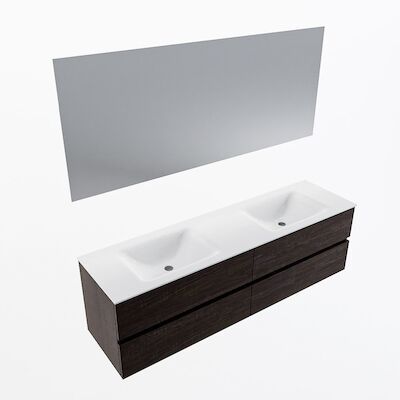MONDIAZ VICA 170cm badmeubel onderkast Dark Brown 4 lades. Wastafel CLOUD dubbel 2 kraangaten, kleur Talc met spiegel LED.